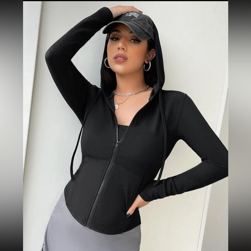 Zip up curved hooded jacket